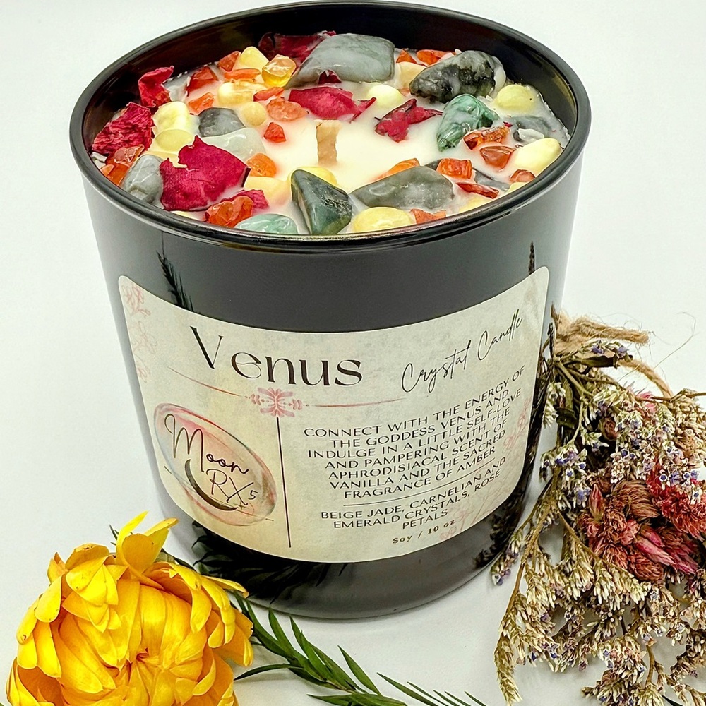 Handmade Venus Crystal Candle, Goddess Energy, Vanilla + Amber scent, self-love